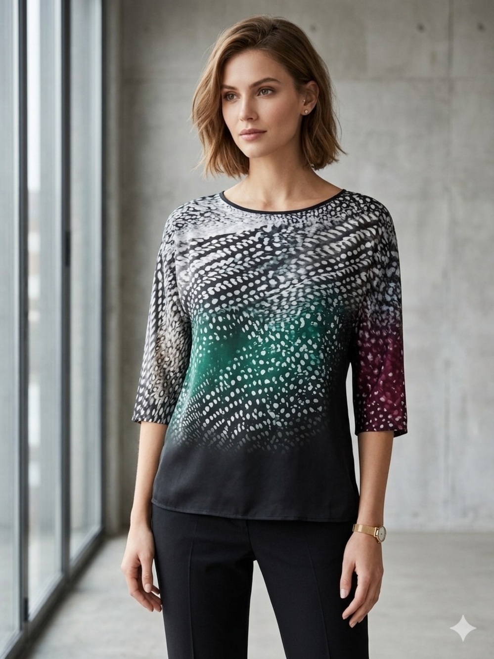 Max Mara Silk 100% Abstract Psychedelic Print Blouse 3/4 Sleeve , size S/M
